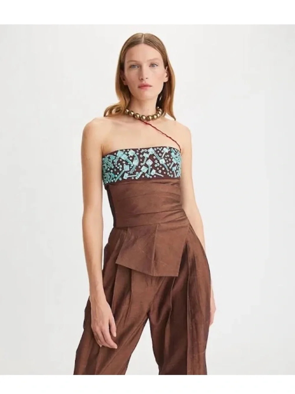 Tory Burch Lollipop Linen Beaded Strapless Bustier Top